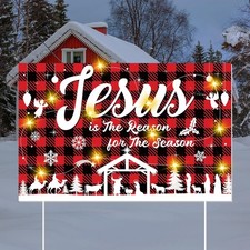 Jesus Is The Reason for Season Yard Sign with LED Lights Christmas red