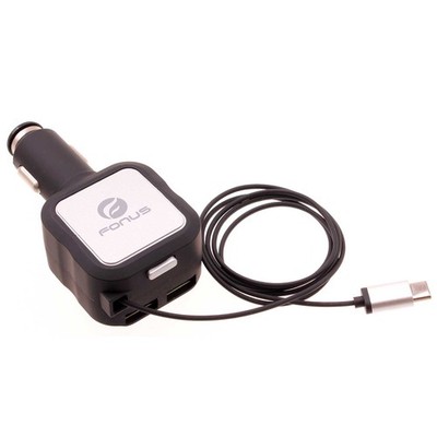 Car Charger Retractable 4.8Amp Type-C 2-Port USB Fast Charge DC for Tablets