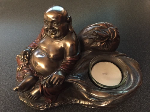 Veronese Hotei Traveling Buddha Bronze Resin Tealight Candle W.U.I. 2000 ~ RARE
