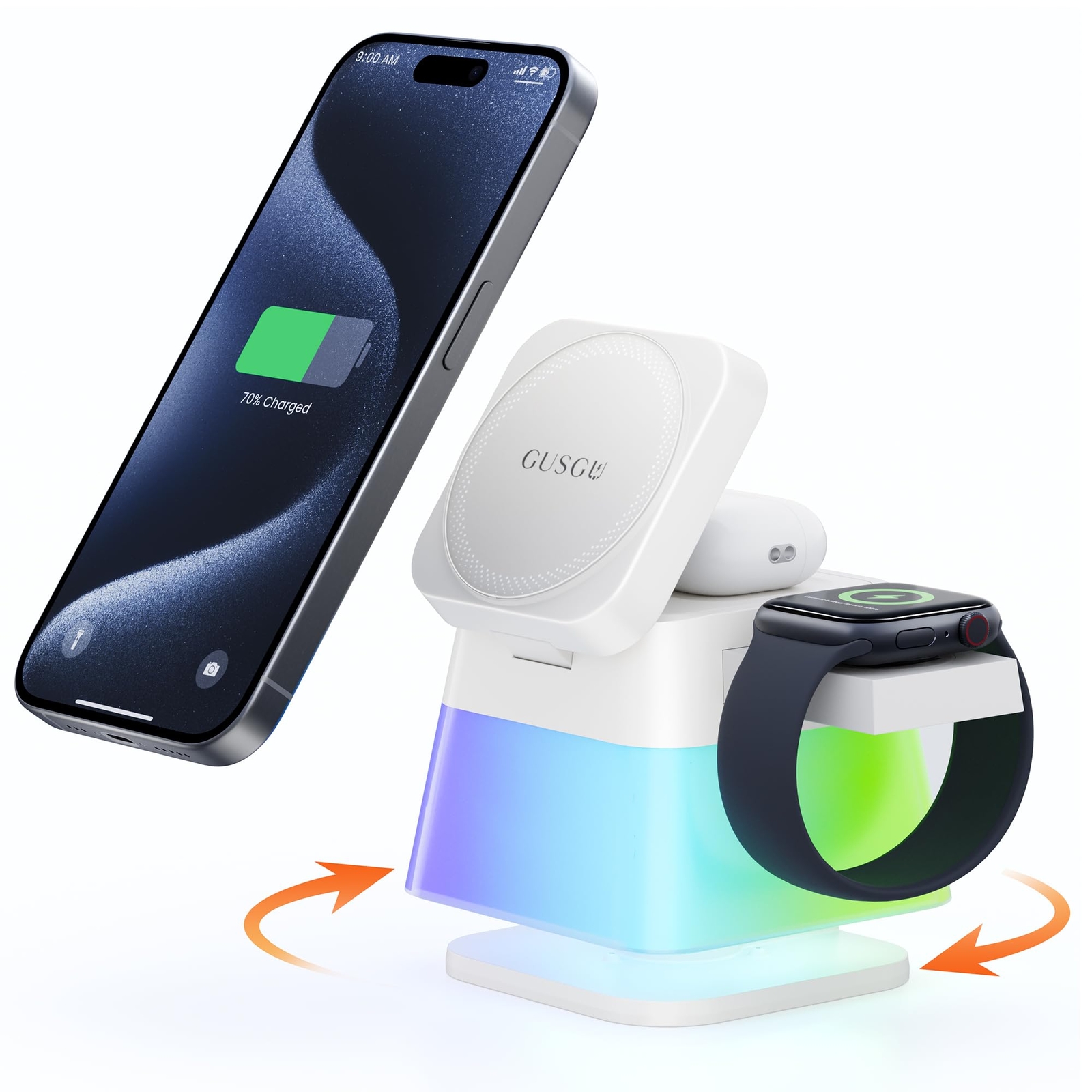 GUSGU 15W Magnetic Charging Station with RGB Night Light for Phone and Watch-image