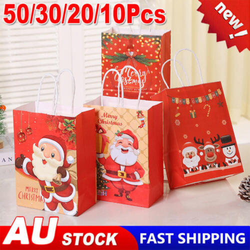 50-10Pcs Christmas Gift Bags Kraft Paper Candy Cookie Bag Xmas Biscuit Gift Bag - Picture 1 of 13