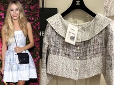 5.3K New Chanel 2013 White Tweed Pearl Crop Jacket 34 36 2 4 6 Coat Top Logo S M