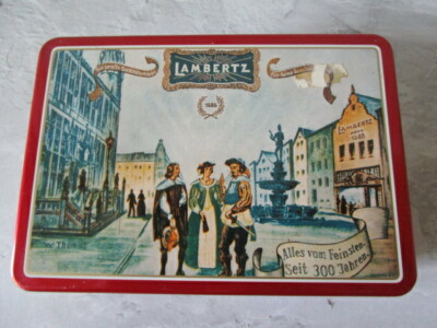 schöne alte sehr gut erhaltene Motiv-Blechdose ''Lambertz'' Dose 18x12,5 x 5,5