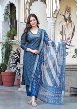 Women Elegant Blue Kurta Set Pant with Dupatta - Perfect for Every Occasion