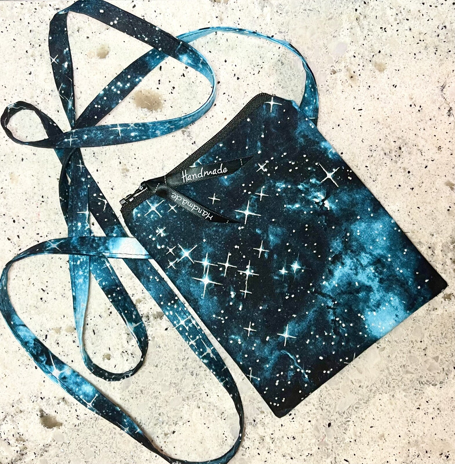 Crossbody Bag Purse Handmade Black & Blue Galaxy Zip Top Bag Long Strap Teen