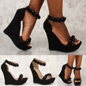 black open toe wedge heels