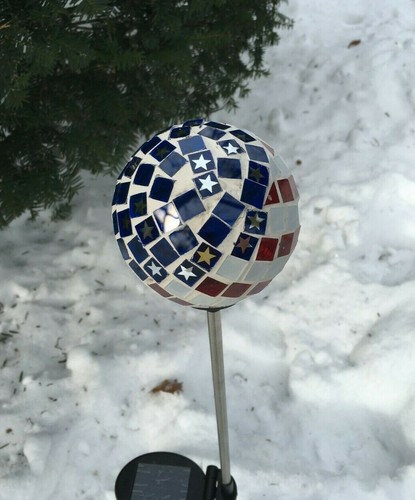 Solar USA Flag Glass Ball Garden Stake Color Change LED Light Outdoor Path Decor - Picture 2 of 12