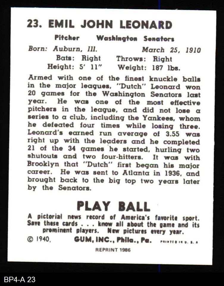 1940 Play Ball Reprint #23 Dutch Leonard Senators 8 - NM/MT - Image 2 of 2