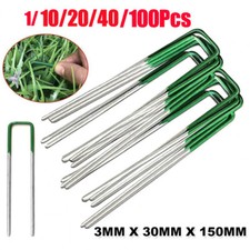 100 x GREEN U SHAPED PINS FOR ARTIFICIAL GRASS TURF GALVANISED TENT GROUND PEGS