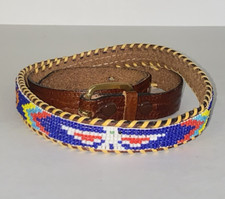 Vintage Native American South Western Stamped Leather  Seed Bead Thin Belt Sz S