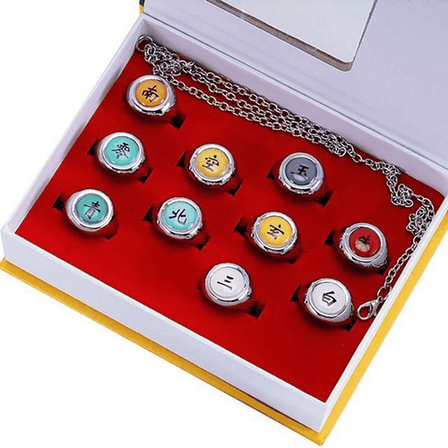 Naruto Akatsuki Anelli Set 10pz Con Catena Cosplay Itachi Sharingan Box Anime - Foto 3 di 3