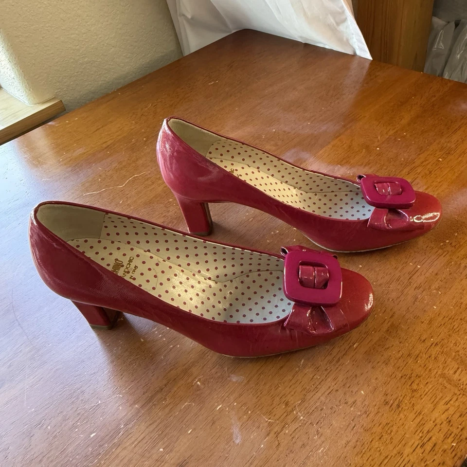 Mooching Cheap Chic Patent Leather Shoes Heels Pink Red 36.5 6.5 Bows Buckles - Image 3 of 4