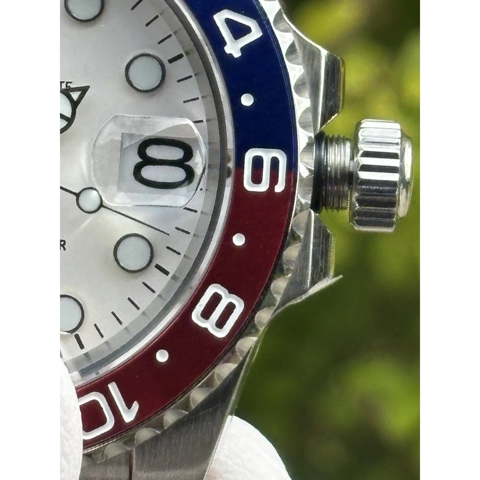 Seiko NH34 Mod Watch Automatic GMT 40mm White Dial Red Blue Bezel Steel 5ATM - Image 4 of 4
