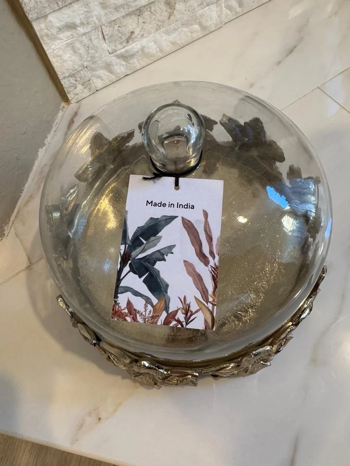 Gold Metal and glass cake stand with dome - Image 2 of 4