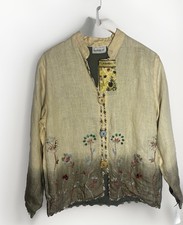 Flashback 90s Linen Blazer Cream Floral Embrodery Sequin Crochet MEDIUM Boho