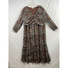 Me by Jennie Garth Maxi Dress Womens 2XP Brown Green Floral Boho Tiered V-Neck