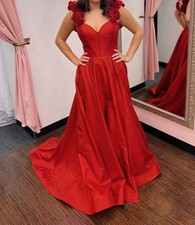 Red Satin Ballgown Gown, Ruffle Accents, Corset, Sweetheart Neckline