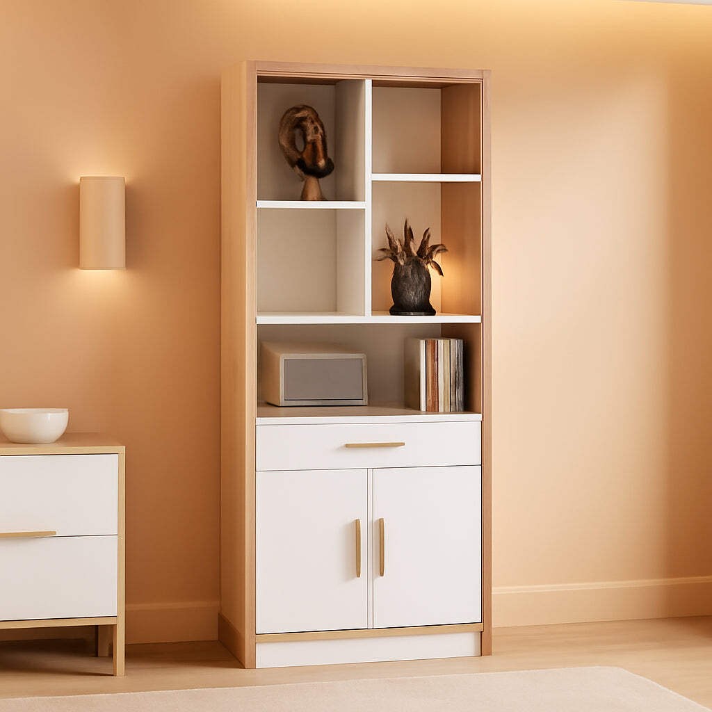 Tall Bookcase With Drawers And Doors Light Walnut Finish