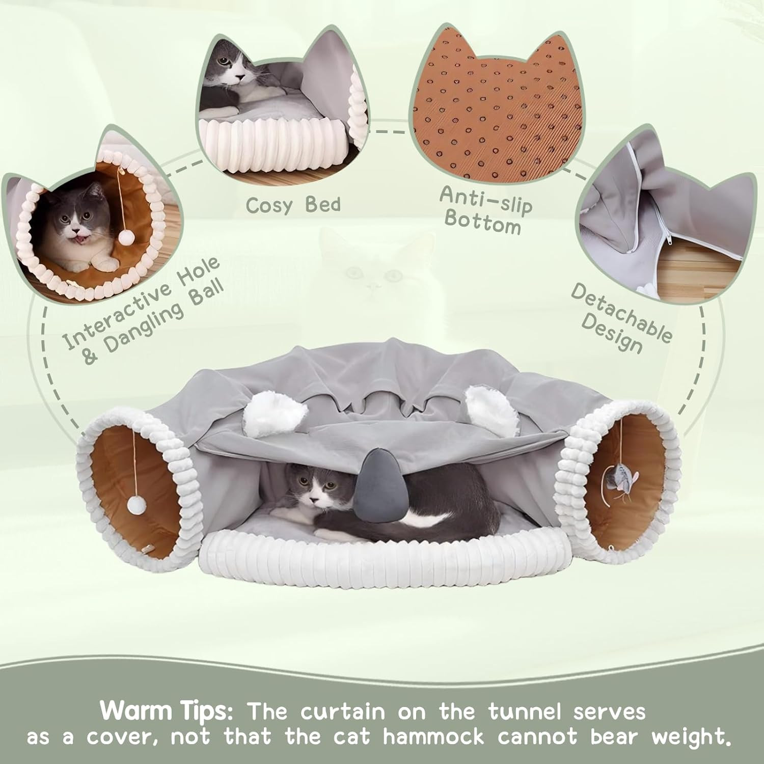 CATISM Tunnel Per Gatti Con Materassino E Palla Sospesa – Grotta Da 80x70 Cm Con Tubo Rimovibile, Nascondiglio E Gioco