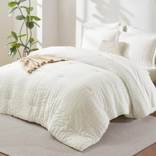 King Size Comforter Set Ivory, 7 Pieces Seersucker Textured Luxury Bed in a Bag,