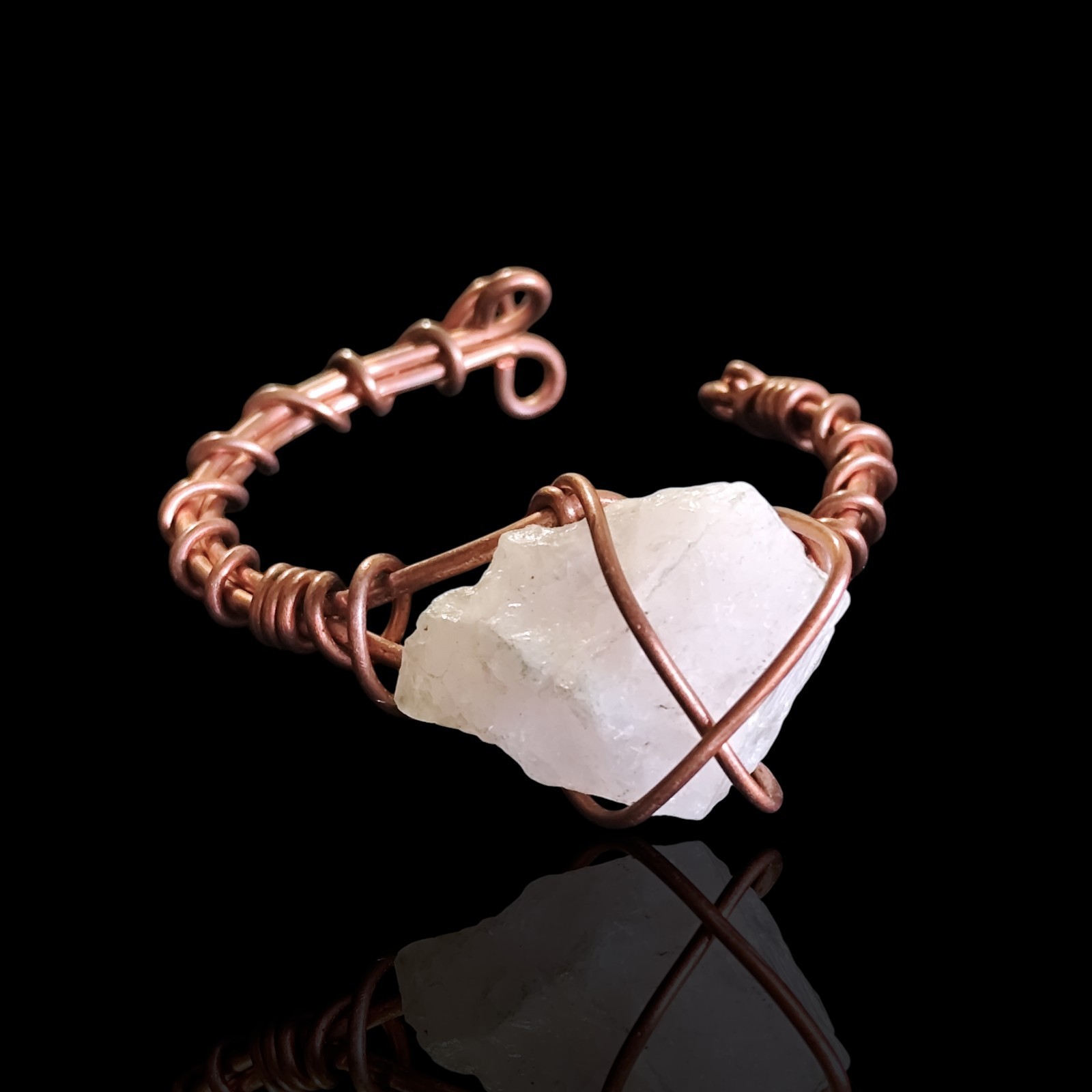 Solid Copper Quartz Stone Wire Wrap Cuff Bracelet… - image 1