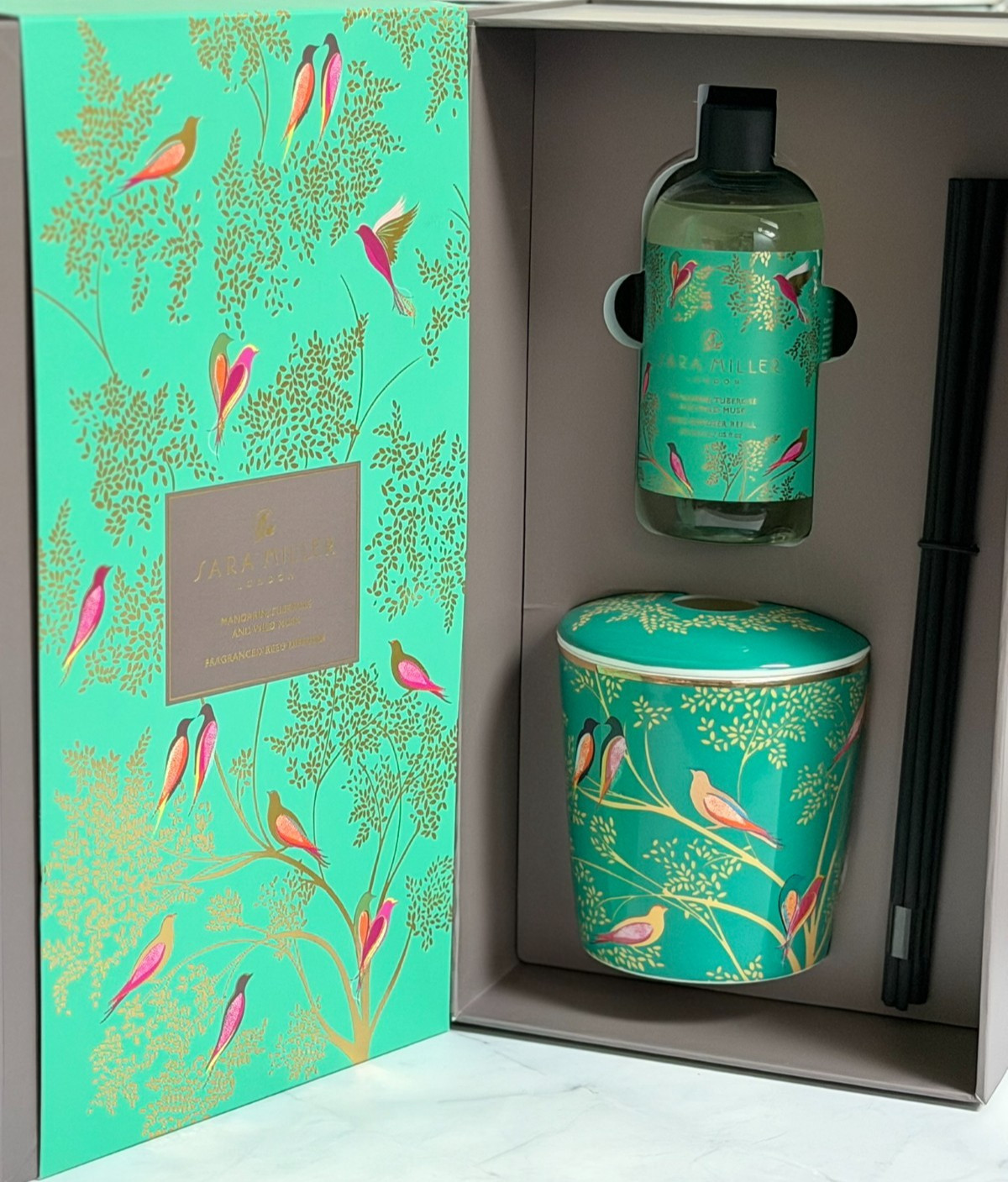 Sara Miller Reed Diffuser Green Birds Mandarin Tuberose Wild Musk 200ml NWB