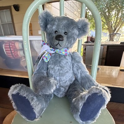 Sue Ann Smith Artist Bear Gray Blue Faux Fur Black Eyes with Bow Handmade Signed