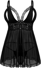 Plus Size Babydoll Lingerie Set for Women Sexy Mesh Lace Nightwear Adjustable St