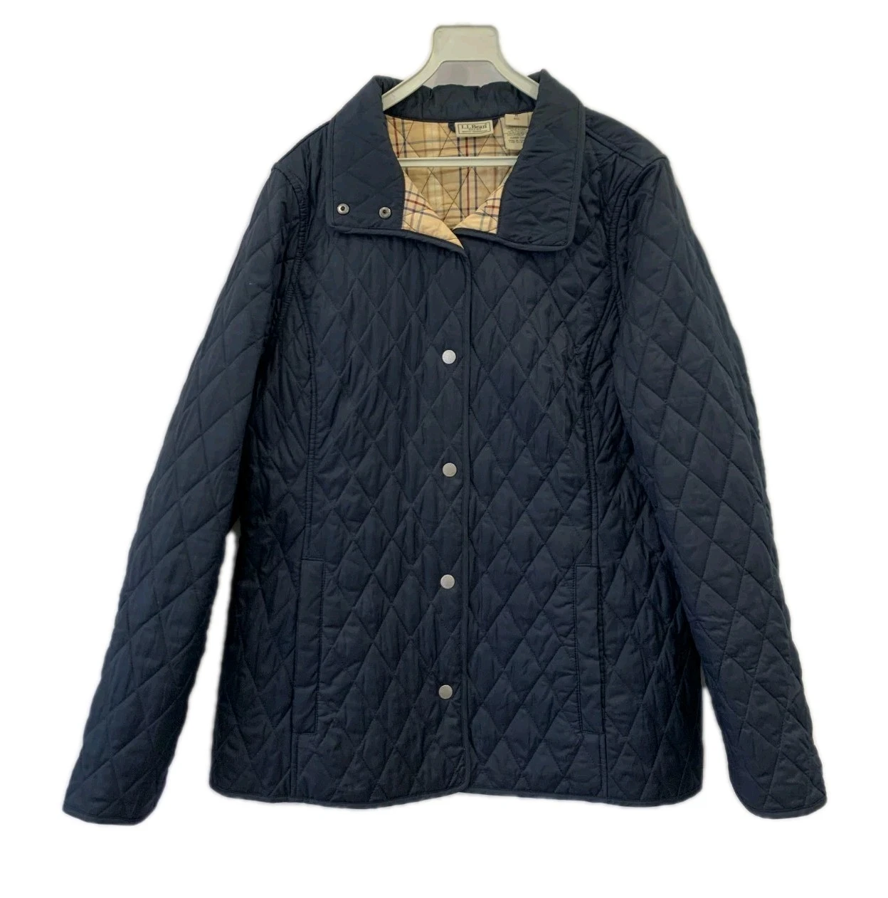 L.L.Bean Quilted Insulated Jacket M Navy Snap Front Plaid Lining Lightweight#142