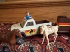 1980s Tonka Lazy T Riding Team pickup truck + horse trailer + cowboy + 2 horses