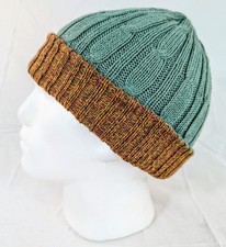 Extra Soft Baby Alpaca Reversible Cable Knit Beanie Green Orange Handmade