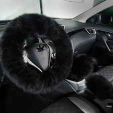 Cozy Black Fuzzy Sheepskin Steering Wheel Cover Set For Women Parents - Soft G