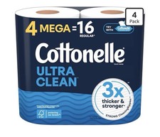 Cottonelle Ultra Clean Toilet Paper, 4 Mega Rolls = 16 Regular Rolls, Packaging