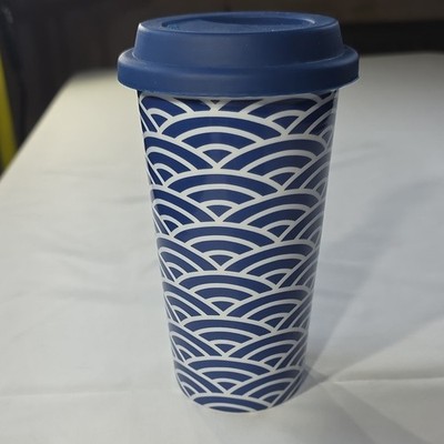 Ciroa Porcelain Coffee Cup Blue Abstract Silicone Lid Dishwasher Microwave Safe