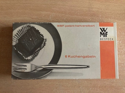 6 Rare Vtg WMF 90 Besteck Cake Pastry Forks- German Stainless Set - Original Box