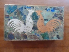 Modernist Los Castillo Taxco Mixed Metal Silver Copper Stone Inlay Box Roosters