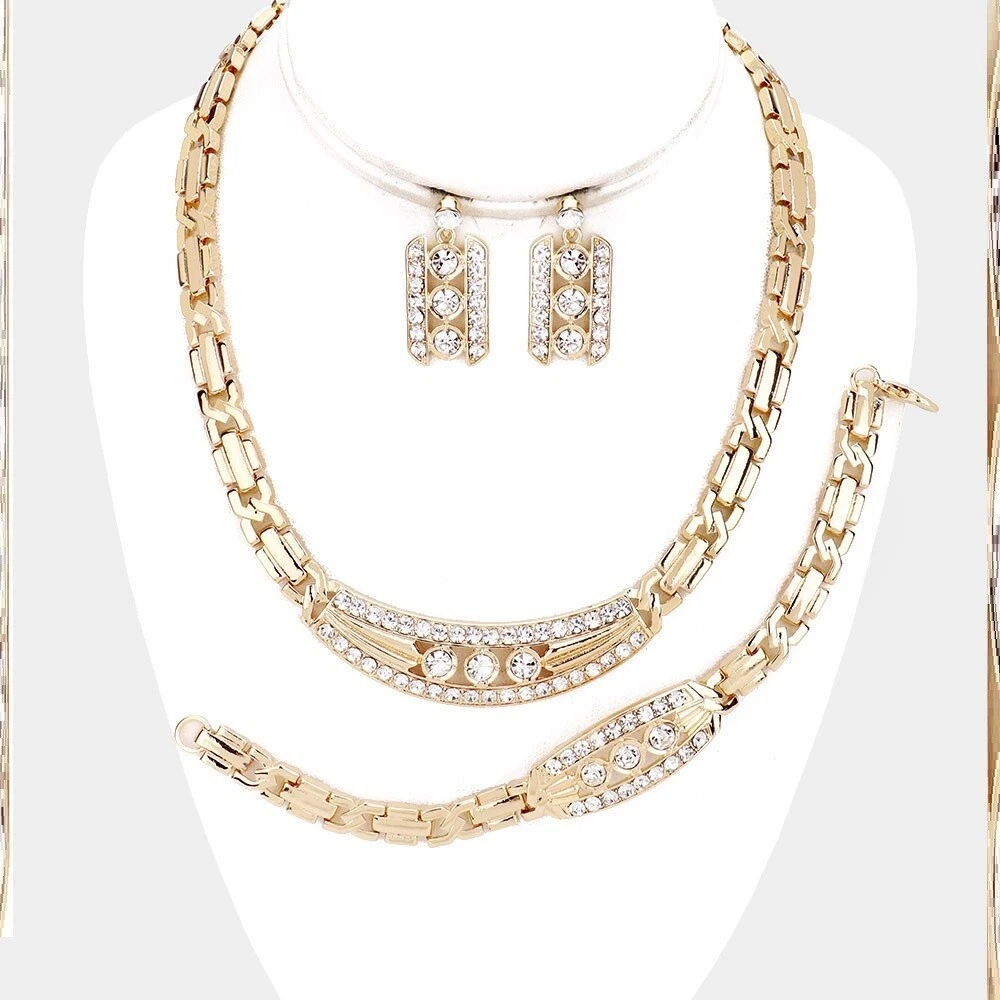 Crystal Rhinestone Statement Chain Necklace Pierce Earrings