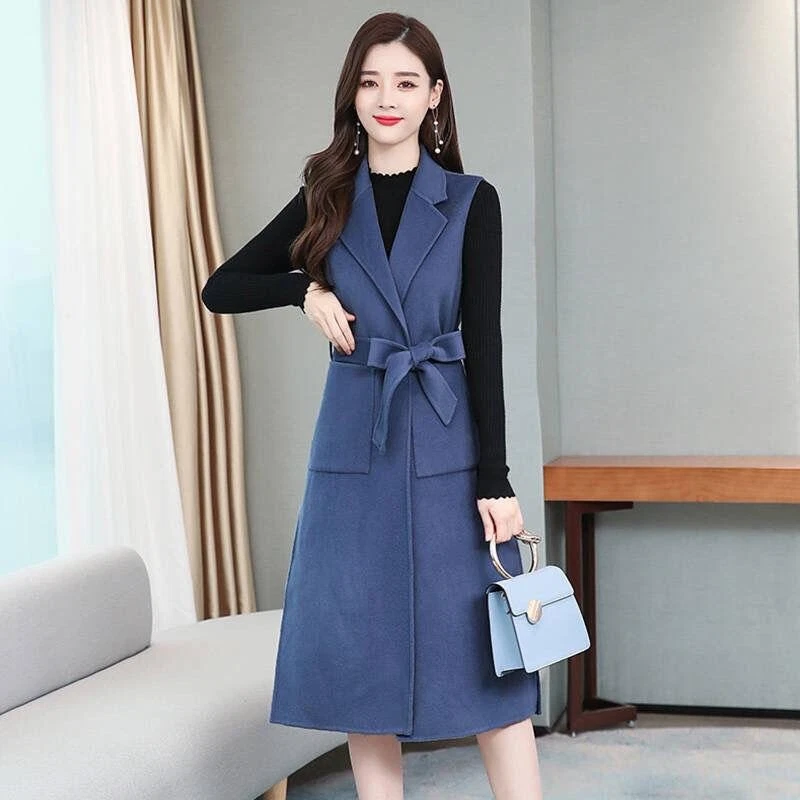 Women Belted Waistcoat Vest Sleeveless Lapel Jacket Midi Coat Cardigan Warm - Image 2 of 4