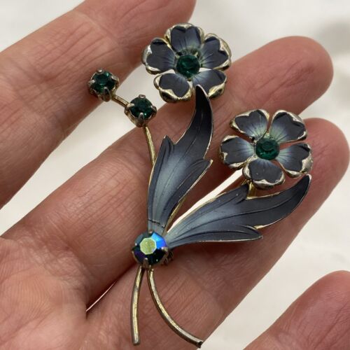 Vintage Blue Enamel Rhinestone Flower Bouquet Brooch Made in Austria Lapel Pin - Picture 3 of 4