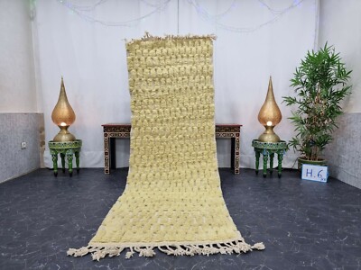 Moroccan Handmade Beni Ourain Rug 3'1''x9'2''Berber Checkered Pale Yellow Wool Rug