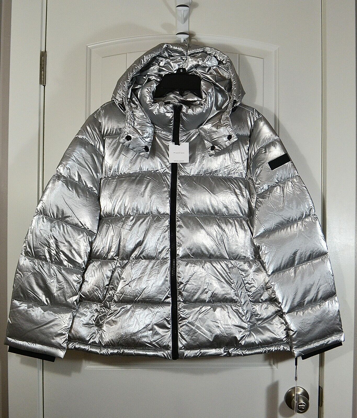 NWT WOMEN'S CALVIN KLEIN SILVER PUFFER JACKETS HOODIE METALLIC SILVER SZ:  XS-XL | eBay