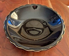 Vintage Black Trinket Dish Trimmed in Gold Scalloped Rim 5" Round Unmarked