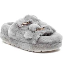 J/SLIDES Brooke Gray Shearling Platform Slides Slip-On Buckled Sandal Slipper 7