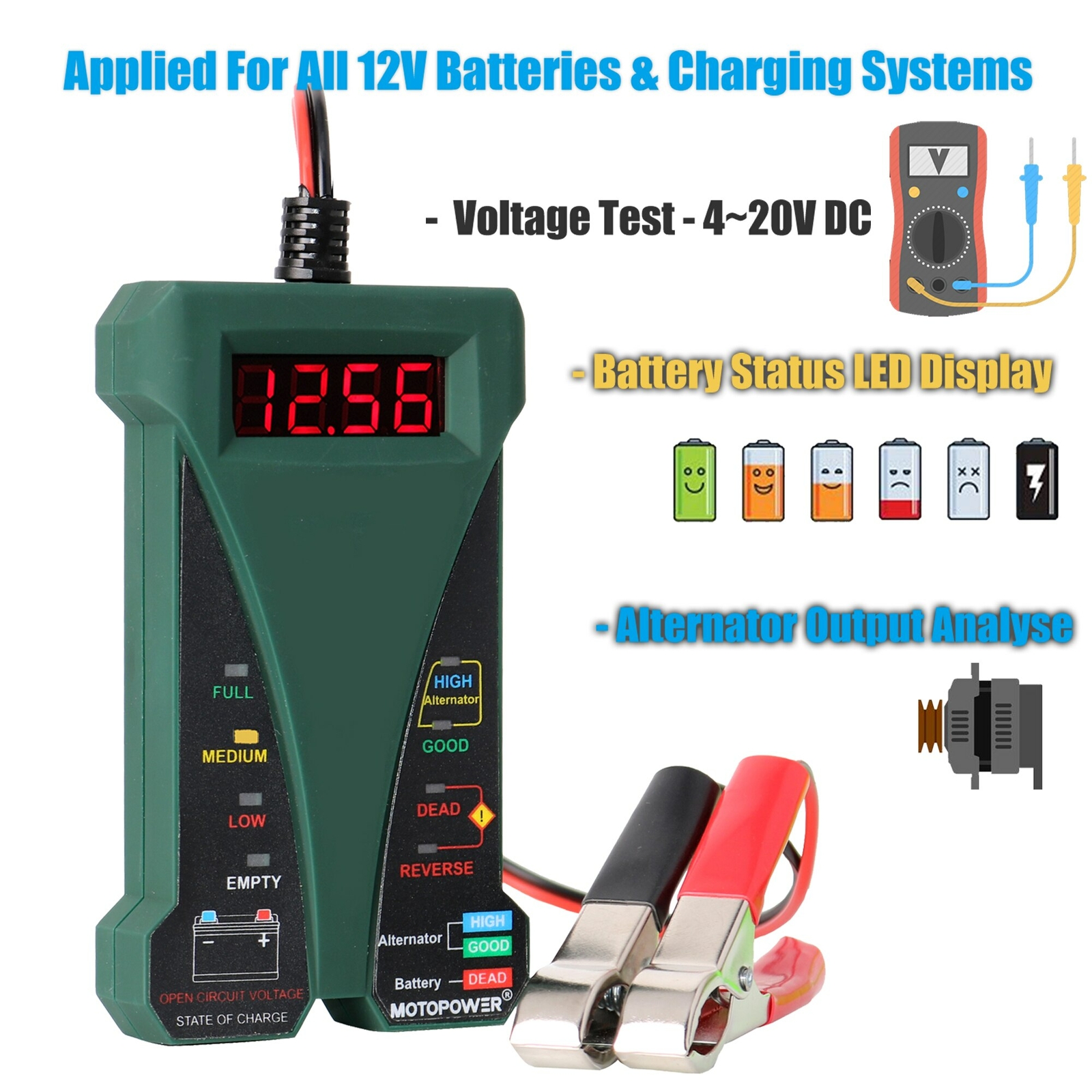 MOTOPOWER MP0514E 12V Digital Car Battery Tester with LCD and LED