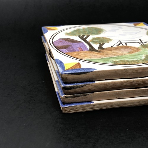 Portugal Pottery Tiles Berardos Hand Painted Countryside Farmhouse Set of 4 - Picture 12 of 14