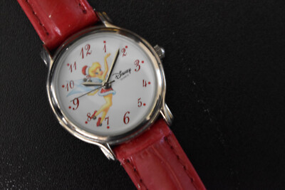 Disney World Tinker Bell Watch Red Leather Band Needs Battery