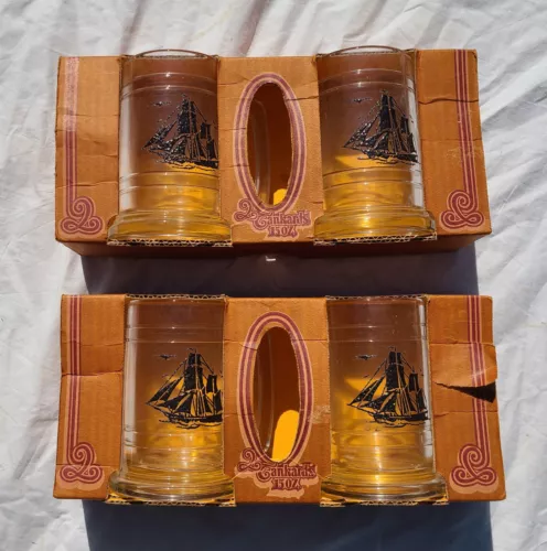 Anchor Hocking Glass Colonial Tankards Beer Mugs New In Box 2 Sets Of 2 Vintage