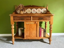 Antique Victorian Stripped Pine Washstand / Dressing Table, Floral Tulip Tiles