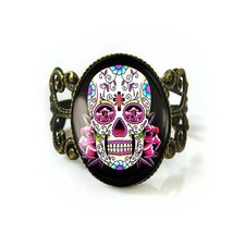 Pink Day of the Dead Sugar Skull Bronze Filigree Ring