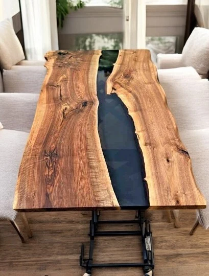 Black Epoxy Resin Dining Table Top Acacia Wooden Made to Order with Iron Stand - Image 3 of 4